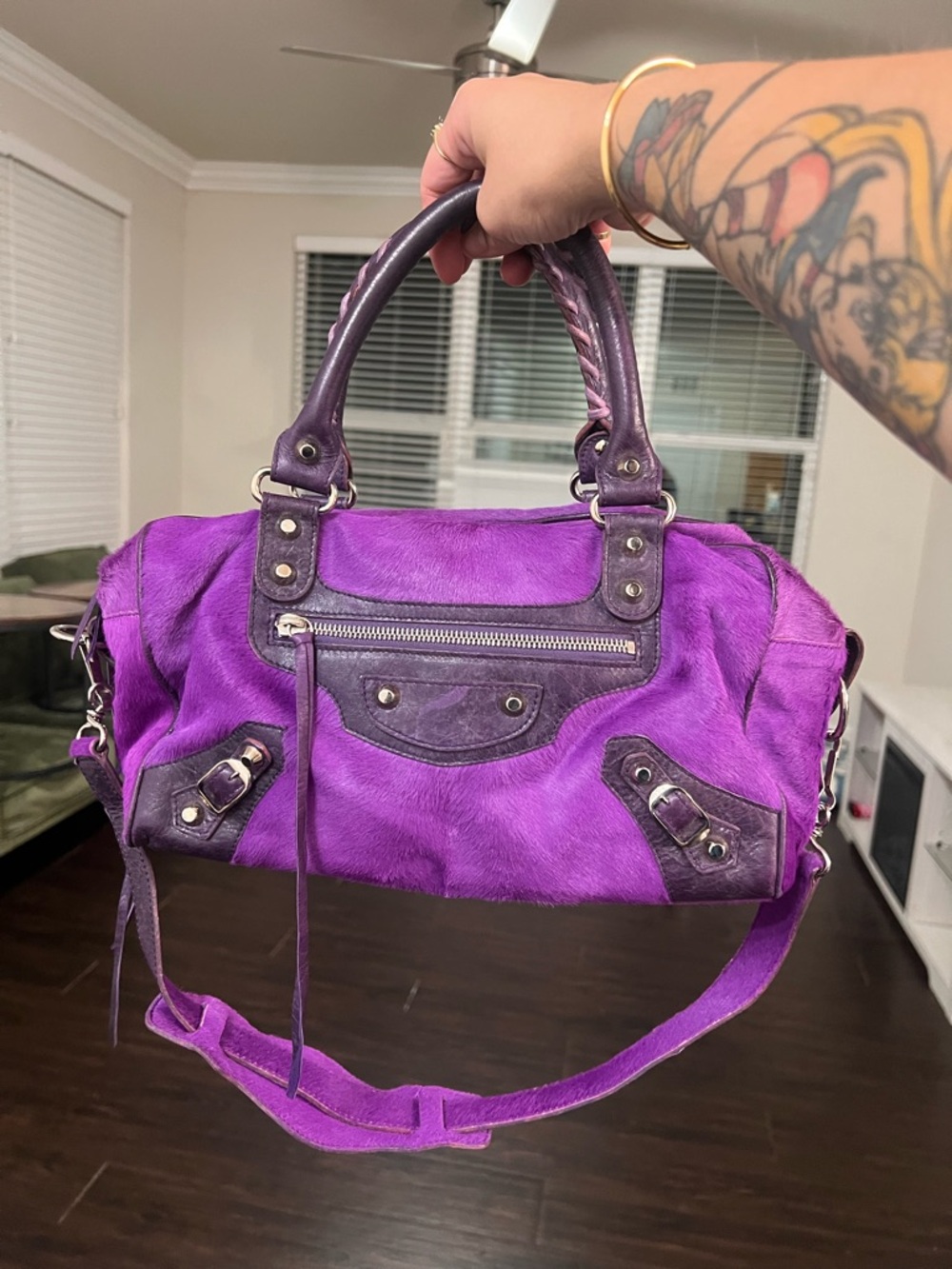 Balenciaga Purple pony hair box shaped city bag
